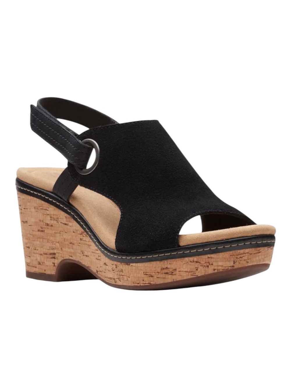 CLARKS New Giselle Sea Black Suede Cork Wedge Sandals Slingback Velcro Size 7.5